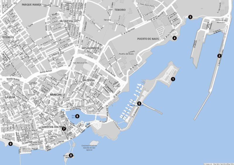 Karte von Arrecife mit den Sehenswürdigkeiten und Kreuzfahrthäfen