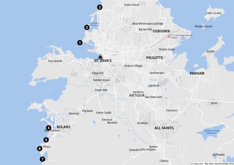 Karte beliebter Strände für Landausflüge auf Antigua