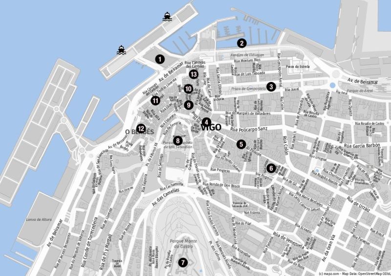 Karte/Routenvorschlag für einen Stadtbummel in Vigo