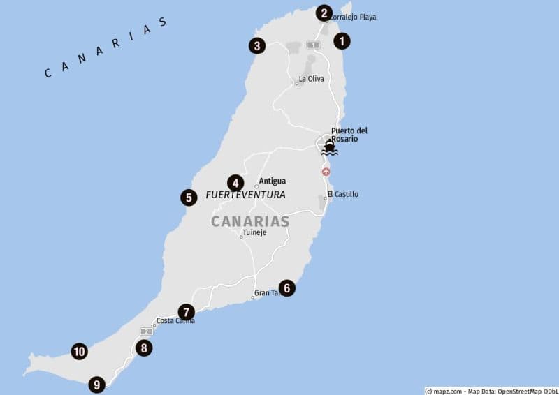 Karte von Fuerteventura mit den wichtigsten Sehenswürdigkeiten und dem Hafen