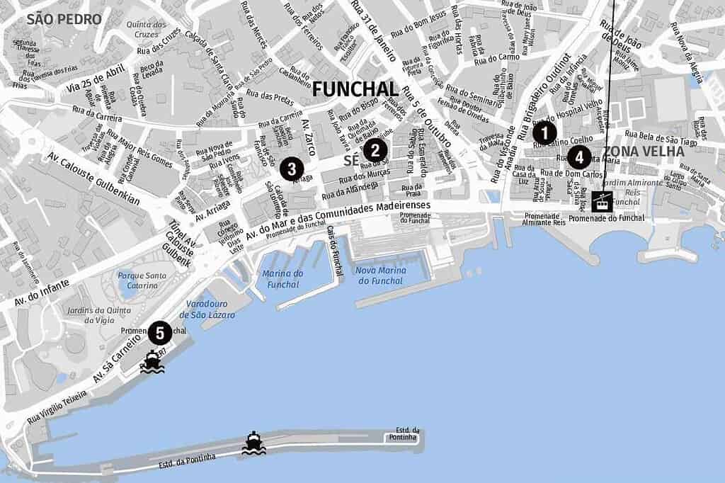 Karte der Sehenswürdigkeiten für Landausflüge in Funchal