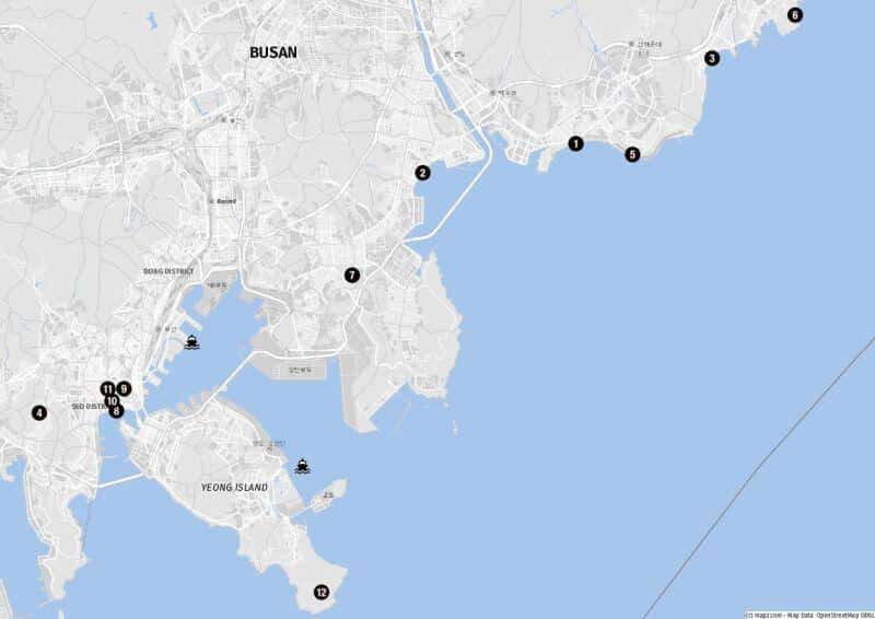 Karte der Highlights und Kreuzfahrthäfen in Busan