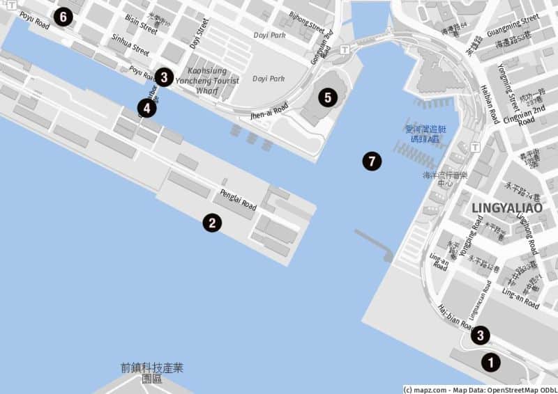Karte der Gegend rund um die beiden Cruise Terminals in Kaohsiung