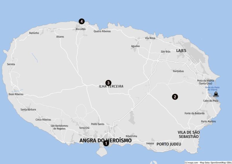 Karte der Highlights für Landausflüge auf Terceira