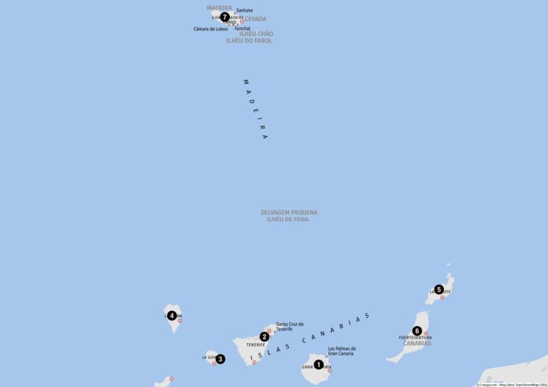 Karte der Kreuzfahrthäfen für Landausflüge auf den Kanaren, Madeira und den Azoren