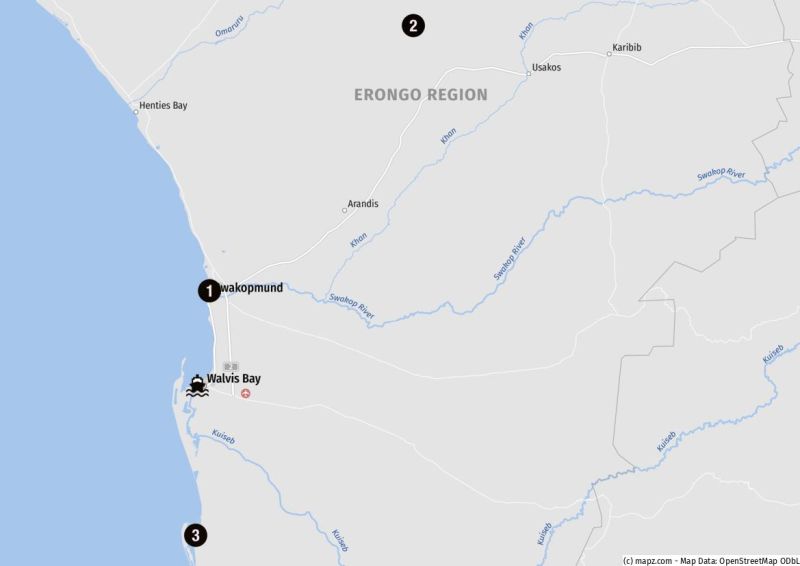 Karte der Landausflugsziele im Umland von Walfish Bay