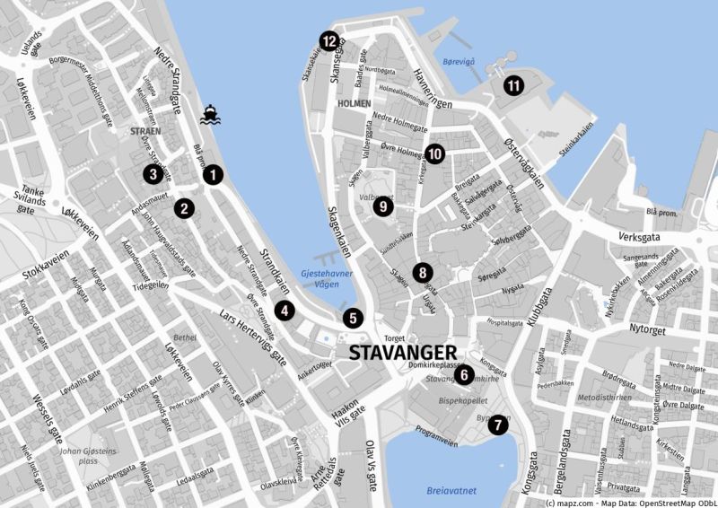 Karte der Sehenswürdigkeiten für einen Stadtbummel in Stavanger auf eigene Faust