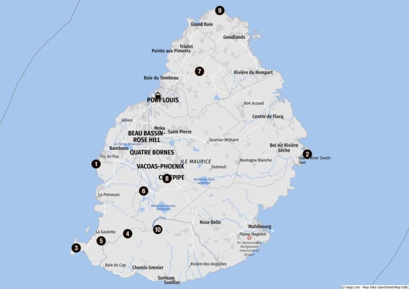 Karte der beliebtesten Ziele für Landausflüge auf Mauritius
