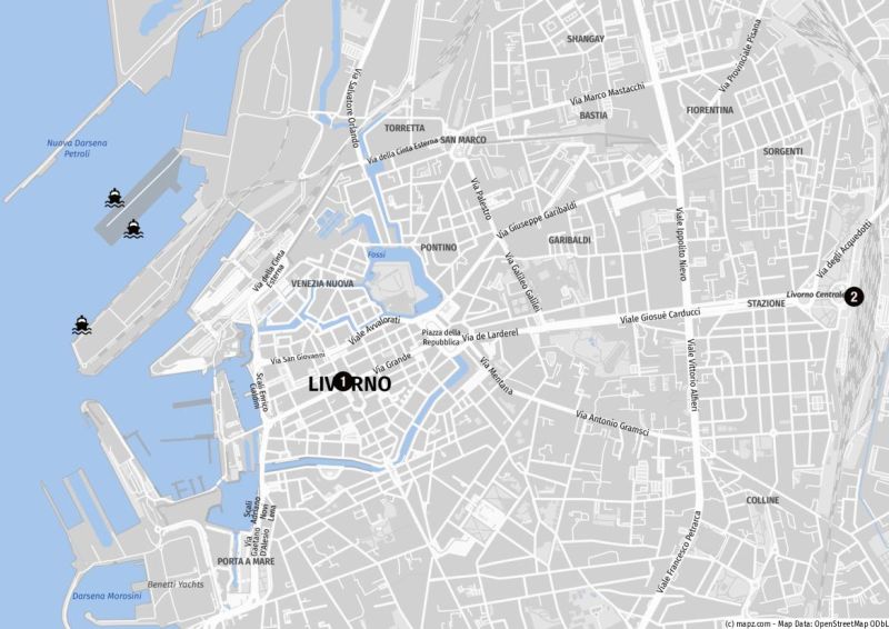 Karte von Livorno mit Hafen, Stadt und Bahnhof