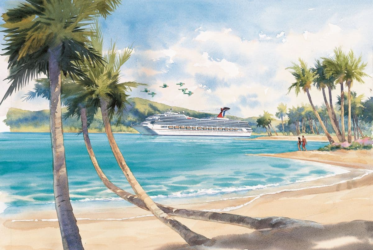 Grafik einer Szene in der Karibik mit Kreuzfahrtschiff, Strand, Palmen und Landausflüglern