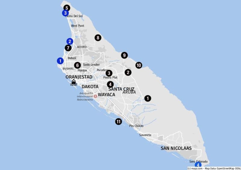 Karte der Ziele für Landausflüge auf Aruba