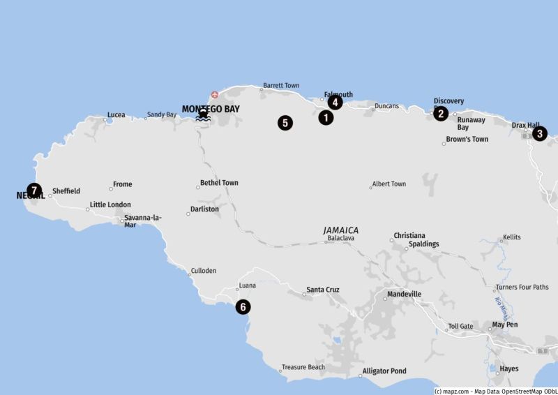 Karte der Landausflugsziele im Umland von Montego Bay
