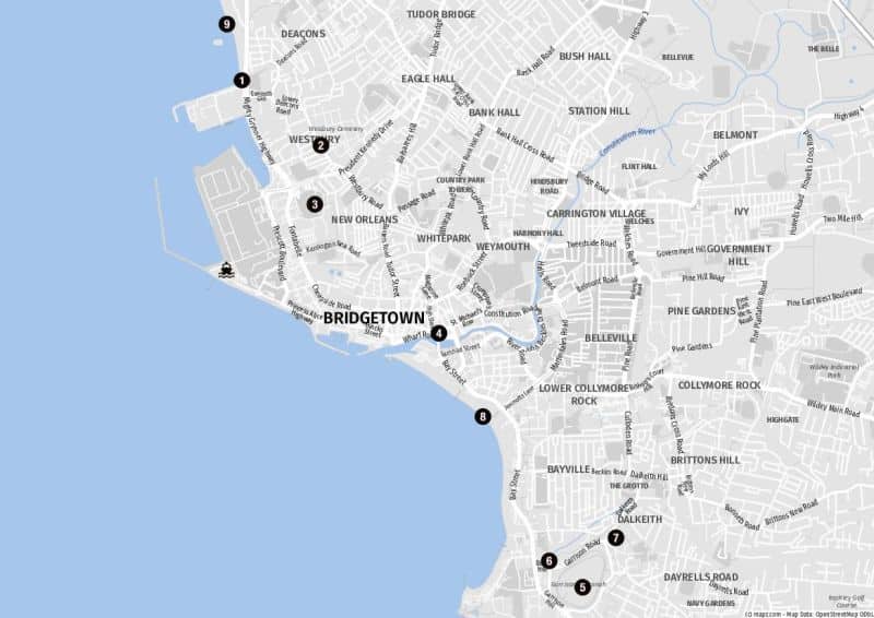 Karte der Sehenswürdigkeiten in der Hauptstadt Bridgetown