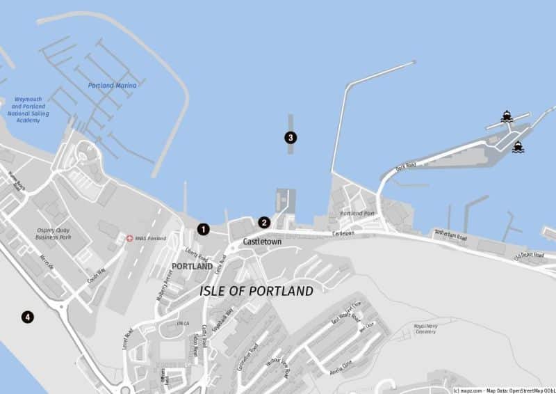 Rund um den Hafen von Portland (England)