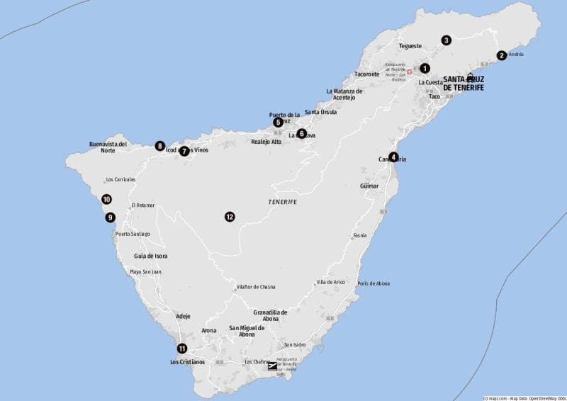 Karte der Sehenswürdigkeiten für Landausflüge auf Teneriffa