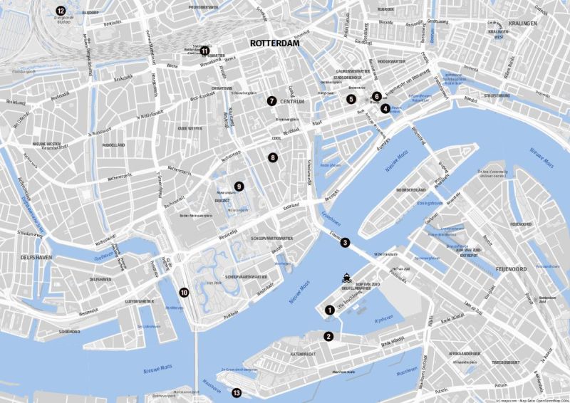 Karte der Sehenswürdigkeiten für Landausflüge in Rotterdam