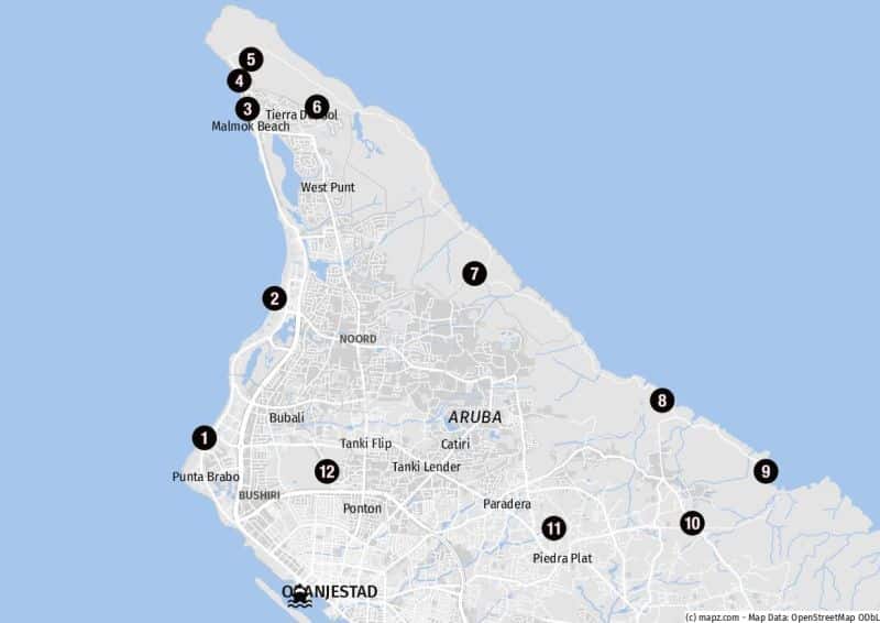 Karte der Landausflugsziele im Norden von Aruba