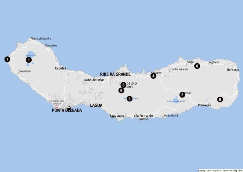 Karte der Ziele für Landausflüge auf São Miguel