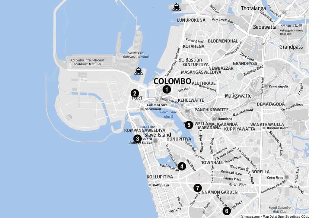 Karte der Ziele für Landausflüge in Colombo